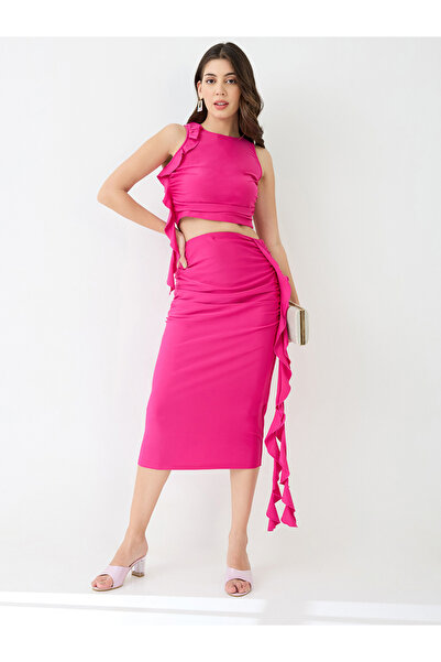 Globus By Styli Pink Ruffle Draped Crop Top and Skirt Co-ords