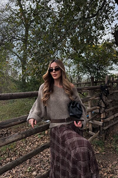 Laluvia Кафява асиметрична пола с квадратен десен - 2210