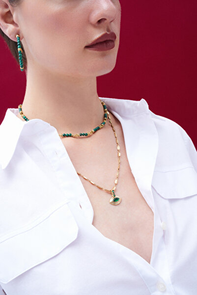 Mon Reve Inner Terrain Malahit Natural Stone Needle Hoop Earrings