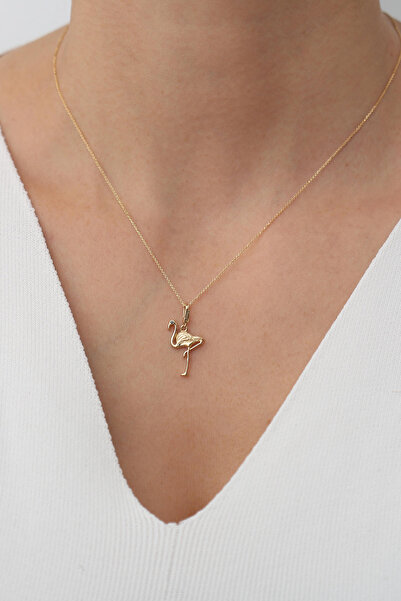 Bayar Gold 14 Ayar Altın Siyah Taşlı Minimal Flamingo Kolye