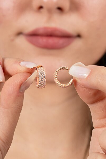 Söğütlü Silver 925 ayar gümüş küpe rose zirkon taşlı 3 sıra tamtur halka küpe...