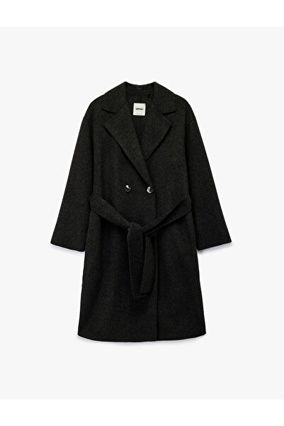 Koton Double-Breasted Long Sleeve Cashmere Coat with Belt Detail and Buttons