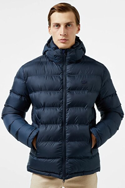 Lacoste Synthetic Fill Puffer Jacket Detachable Hood Men's Puffer Coat Navy Blue