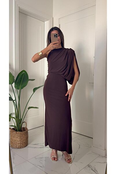 Solie Brown One Shoulder Elegant Flowy Maxi Dress