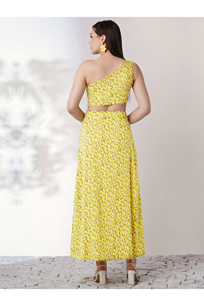 Globus By Styli Yellow Floral One-Shoulder Crop Top and Skirt Co-Ords