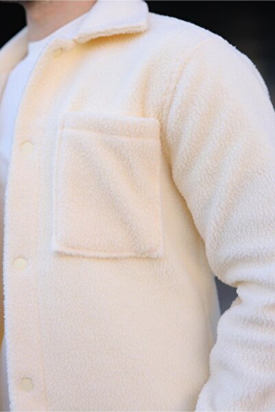 Madmext Ανδρικό παλτό πουκάμισο εκρού με κούμπωμα και πλαϊνές τσέπες E6769