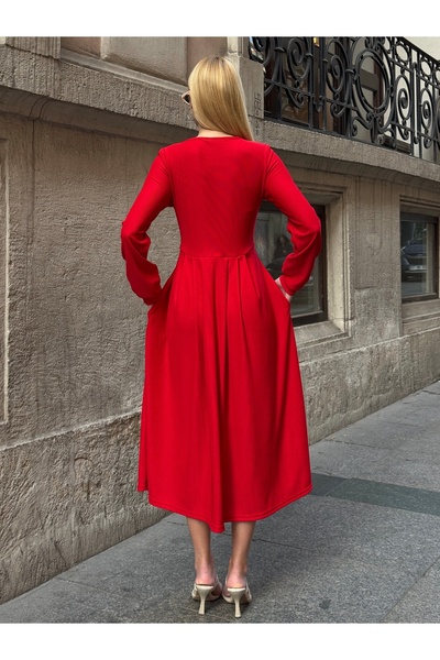 Tubik Women's U-Neck Button Detailed Pocketed Ottoman Fabric Dress