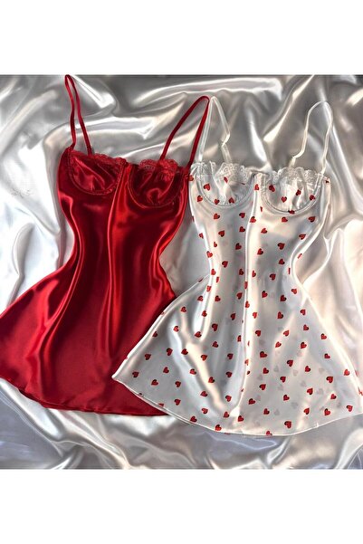 HAMA LOVE Kadın Kırmızı & Kalpli Beyaz Saten Gecelik Seti