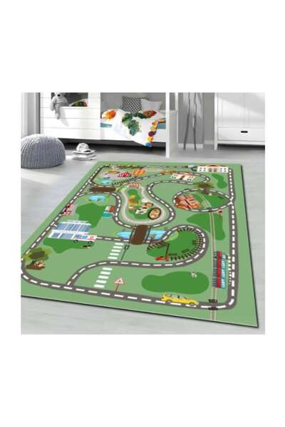 E EFRALL Children's Rug, Car Circuit Pattern, Green/Multicolor, Non-slip, 120 x 180 cm -