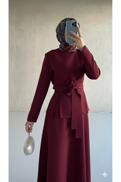 Blue Morpho Scuba Fabric Belt Detailed Skirt Set