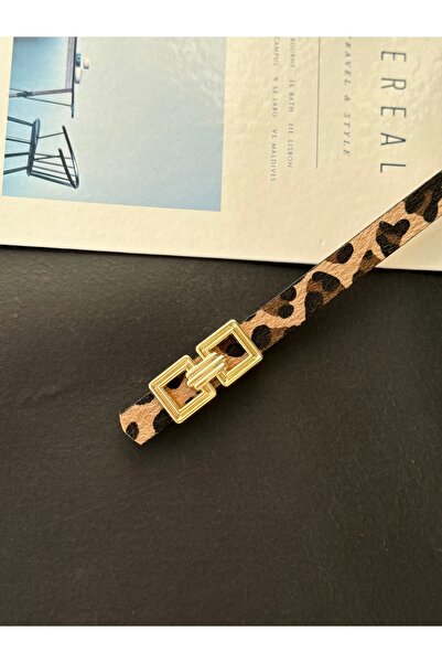 TABA BUTİK Gold Buckle Detailed Leopard Patterned Women's Suede Belt 105 cm