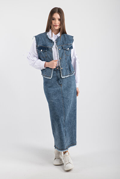 Hatun Atila Distressed Detailed Denim Vest and Long Denim Skirt Two-Piece Set