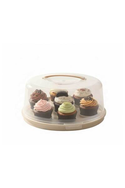 Housevetta 2-in-1 cupcake and cake stand, plastic, with lid and handle, diameter 28 cm, beige