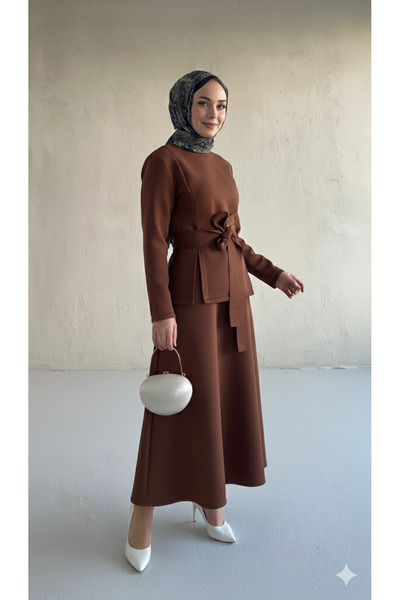 Blue Morpho Scuba Fabric Belt Detailed Skirt Set