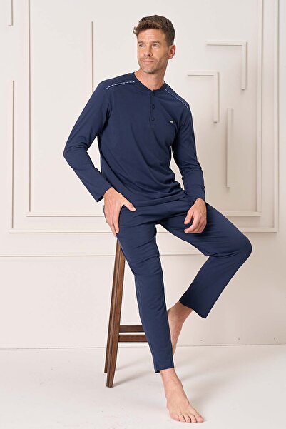 REMSA Men's Cotton Long Sleeve Pajama Set 4101 Navy Blue01