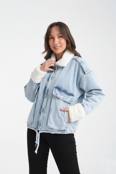 NEWLAKER Palton de blugi premium pentru femei, cu centură, căptușit cu blană