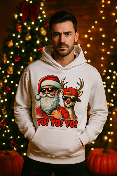 ocke Men's White Christmas New Year Printed Hooded Hoodie Sweatshirt