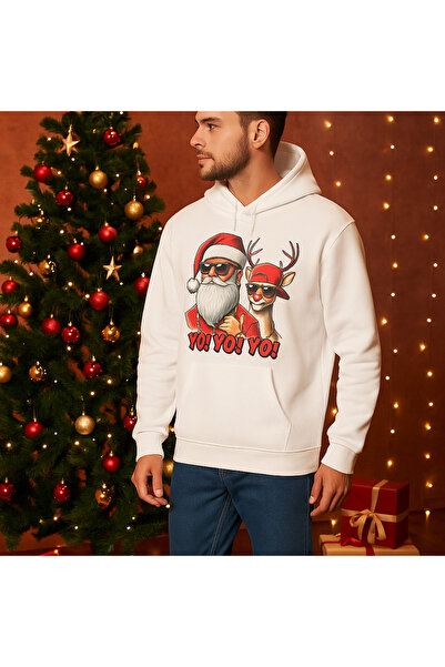 ocke Men's White Christmas New Year Printed Hooded Hoodie Sweatshirt