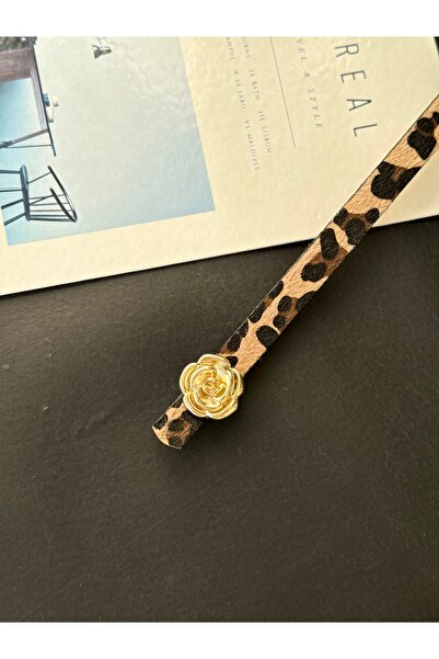 TABA BUTİK Gold Buckle Detailed Leopard Patterned Women's Suede Belt 105 cm