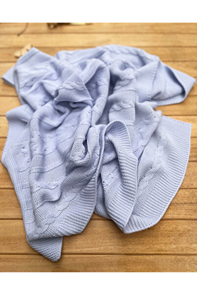 LİTTLELAND Knitwear Single Layer Baby Blanket Baby Blue 80×100 Cm-Chain Patte...