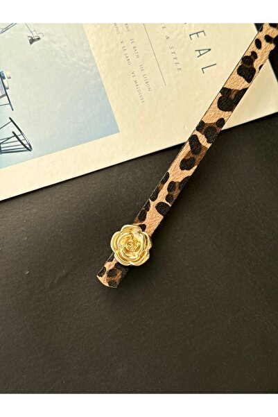 TABA BUTİK Gold Buckle Detailed Leopard Patterned Women's Suede Belt 105 cm