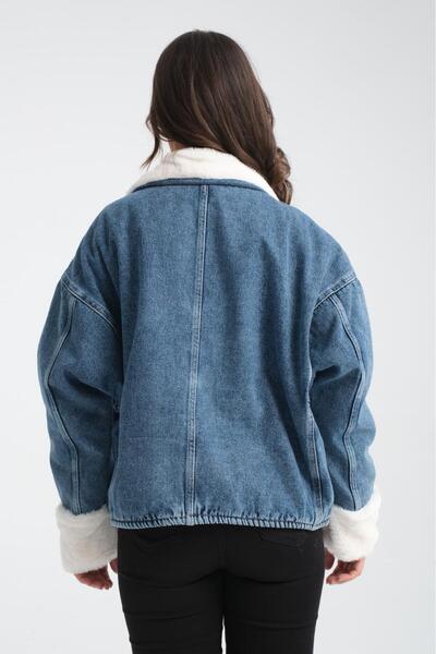 NEWLAKER Women's Belt Detailed Fur Lined Premium Denim Jean Coat