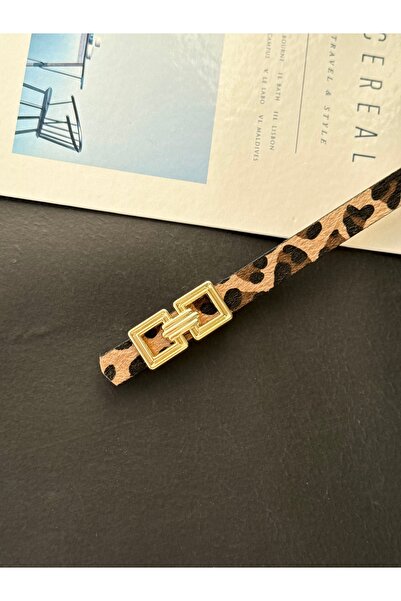 TABA BUTİK Gold Buckle Detailed Leopard Patterned Women's Suede Belt 105 cm