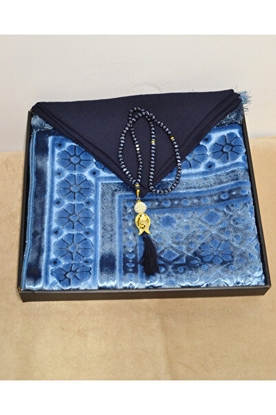 Bilenler Women's Gift Dowry Prayer Rug Set-Jacquard Woven Prayer Rug, Scarf and Crystal Prayer Beads Luxury Gift Set