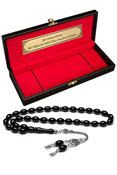 OTTOTESBİH Certified Silver Tassel Black Crimped Amber Prayer Beads