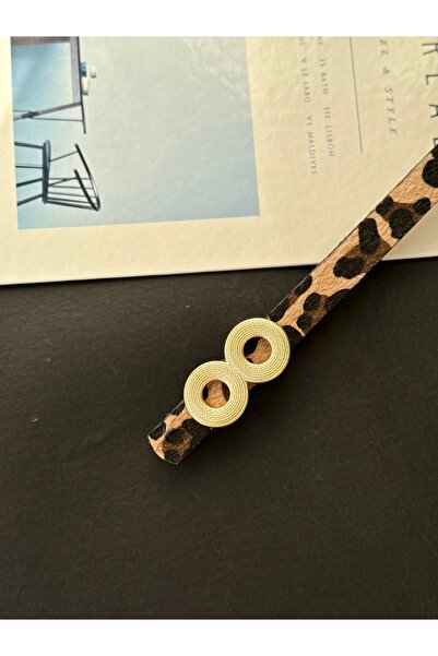 TABA BUTİK Gold Buckle Detailed Leopard Patterned Women's Suede Belt 105 cm