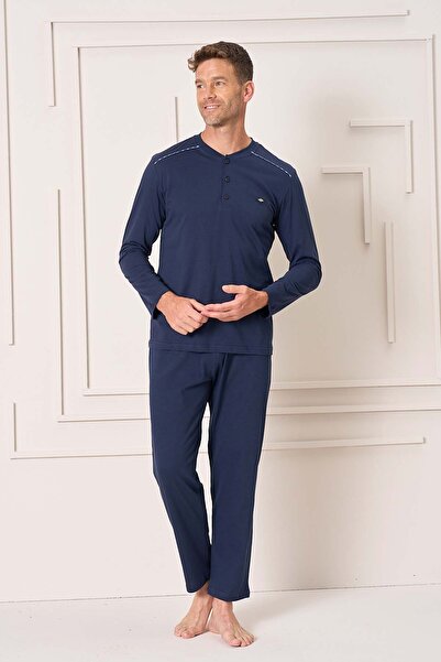 REMSA Men's Cotton Long Sleeve Pajama Set 4101 Navy Blue01