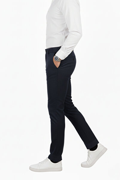 DeepSEA Navy Blue Slim Fit Elastic Waist Striped Textured Stretch Fabric Men's Trousers – Stylish & Comfortable Design 260070