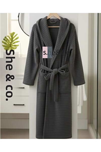She&Co Anthracite Hooded Corded Fabric Woven Cotton Men's Bathrobe - Soft Textured