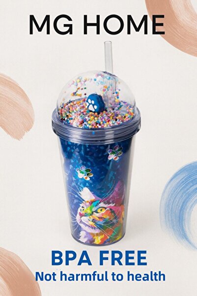 MG HOME Pipetli Suluk Kedi̇ 🐾   Design Children's Cup 🐾 Colorful Beaded Cap Water Bottle 😻 Water Bottle 600 ml