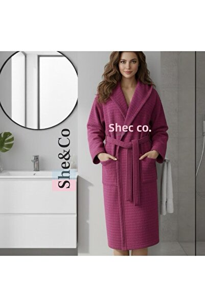 She&Co Fuchsia Hooded Corded Fabric Woven Cotton Women's Bathrobe - Soft Texture