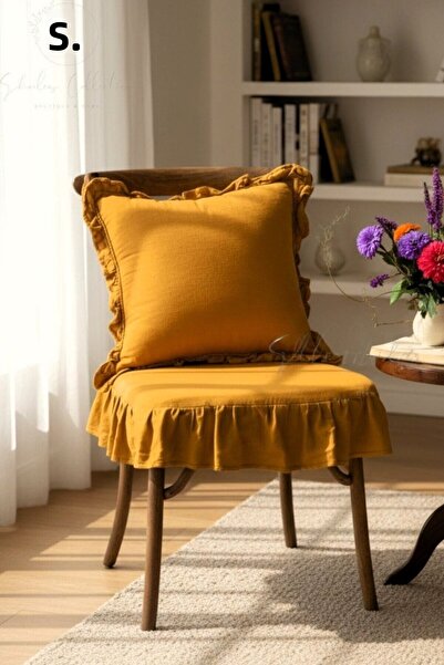shules collection Mustard Color Washed Linen 4-Sided Ruffled Chair Cushion