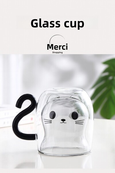 Mersi SHOP Double Wall Glass Cup with Cat Figure 330 ml |   Borosilicate Heat...