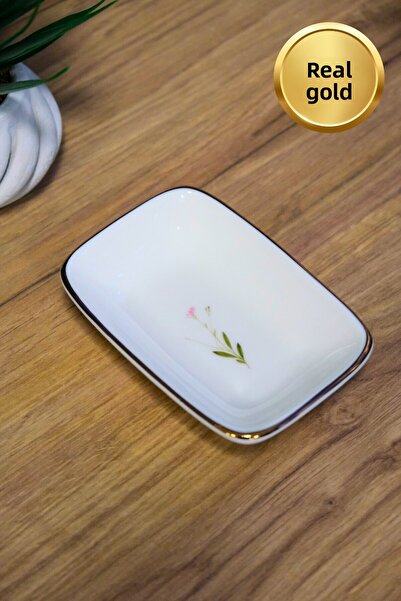 tabakevi Tabak Evi Porcelain Natura Broadcloth Gold Gilded Rectangular Boat Plate 12X8,50Cm Set of 6