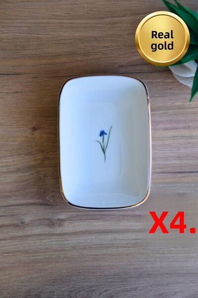 tabakevi Tabak Evi Porcelain Natura Iris Gold Gilded Rectangular Boat Plate 14X9,8Cm Set of 4