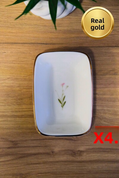 tabakevi Tabak Evi Porcelain Natura Broadcloth Gold Gilded Rectangular Boat Plate 12X8,50Cm Set of 4