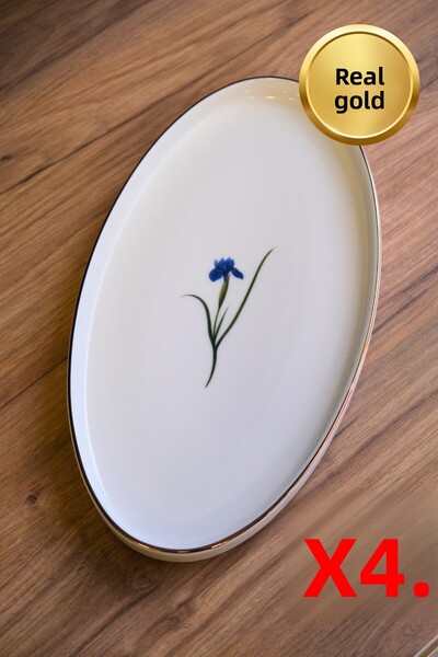 tabakevi Plate House Porcelain Natura Iris Gold Gilded Oval Boat 32.50X17X2.50Cm Set of 4