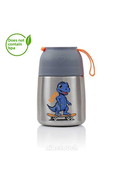 HOPEFUL DESİGN ترمس ديناصور منقوش سعة 450 مل لتخزين طعام الأطفال، ترمس مفرغ ا...