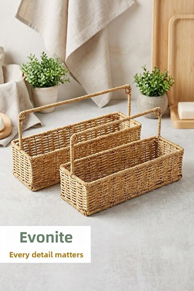 EVONİTA Coș organizator cu mâner din răchită naturală Set de 2 Coș organizator multifuncțional cu aspect de ratan