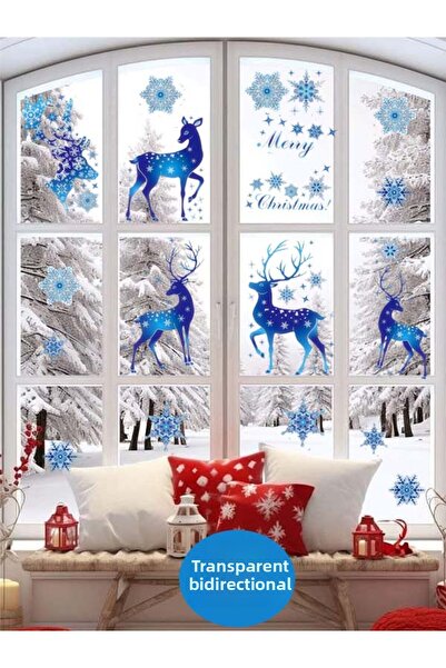 aiki Transparent Double-Sided, Blue Deer and Snowflakes, Christmas Decoration, Glass, Wall Sticker, 30 X 100cm