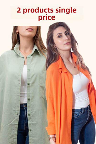 Justime Women's Oversized Cotton Linen Orange - Mint Green Shirt