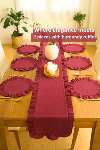KAMİZ Burgundy Ruffled Runner & 6-Piece Ruffled Placemat Set - 7 Piece Dowry Set