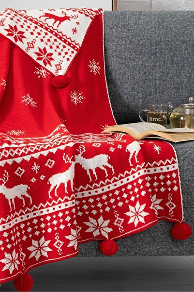 Sevim Snowflake Detailed Pompom Knitted Knitwear Tv Blanket–Christmas Gift-130X170 Cm-Red