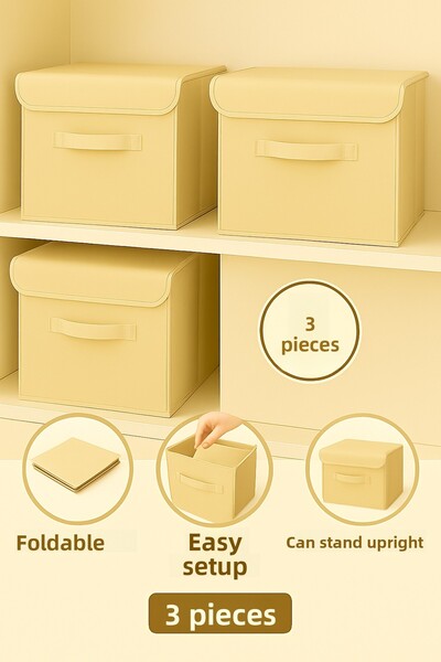 Spartek home textile 3 Pcs-Covered Cream Closet Interior Laundry Toy Organizer Folding Storage Box with Lid 30X30X30Cm