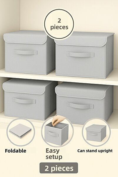 Spartek home textile 2 Pcs-Covered Gray Closet Inside Laundry Toy Organizer Folding Storage Box with Lid 30X30X30Cm