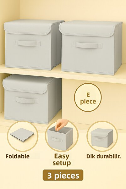 Spartek home textile 3 Pcs-Covered Gray Closet Inside Laundry Toy Organizer Folding Storage Box with Lid 30X30X30Cm